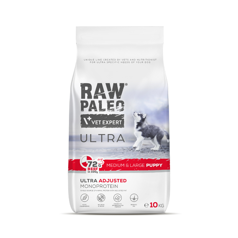 VetExpert Raw Paleo Ultra Beef Medium & Large Puppy - sucha karma z wołowiną dla szczeniąt średnich ras