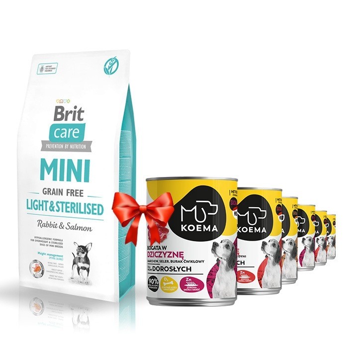 Brit Care Mini Grain-Free Light & Sterilised 7kg + Koema mix 3 smaków 400g x 6