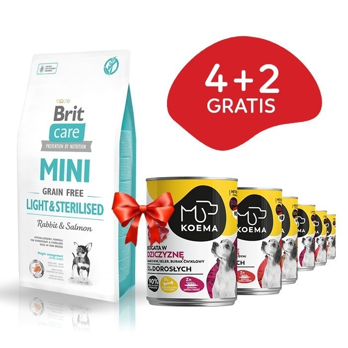 Brit Care Mini Grain-Free Light & Sterilised 7kg + Koema mix 3 smaków 400g x 6