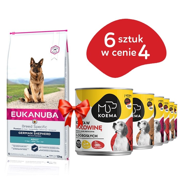 Eukanuba Breed Specific German Shepherd Adult 12kg + Koema mix 3 smaków 800g x 6