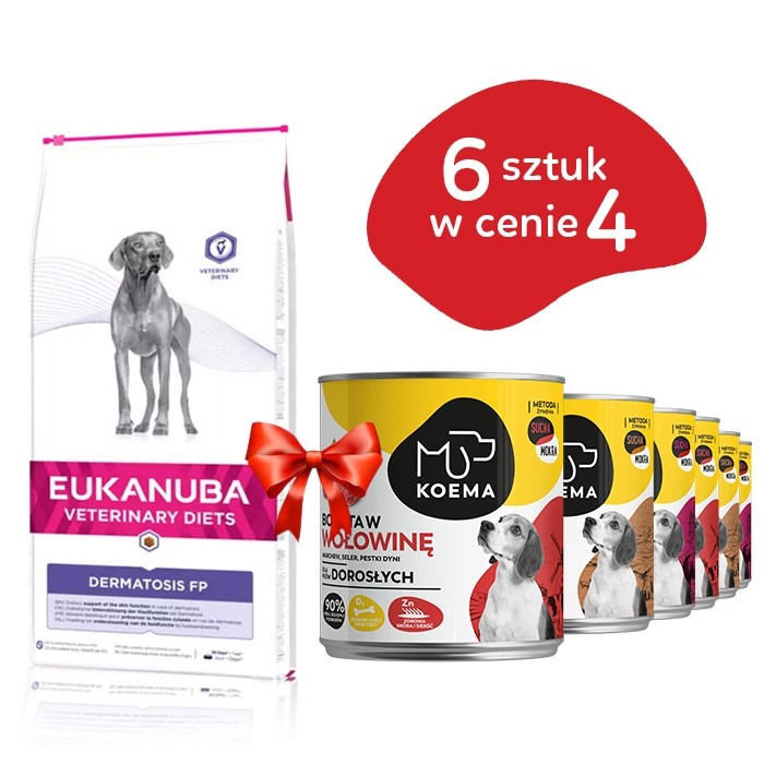 Eukanuba Veterinary Diets Dermatosis FP 12kg + Koema mix 3 smaków 800g x 6