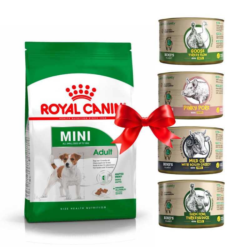 Karmy suche dla psa - Royal Canin Mini Adult 8kg + Benji's Planet Zestaw Degustacyjny 410g x 4