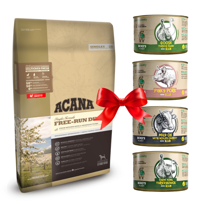 Karmy suche dla psa - Acana Singles Free-Run Duck 6kg + Benji's Planet Zestaw Degustacyjny 410g x 4
