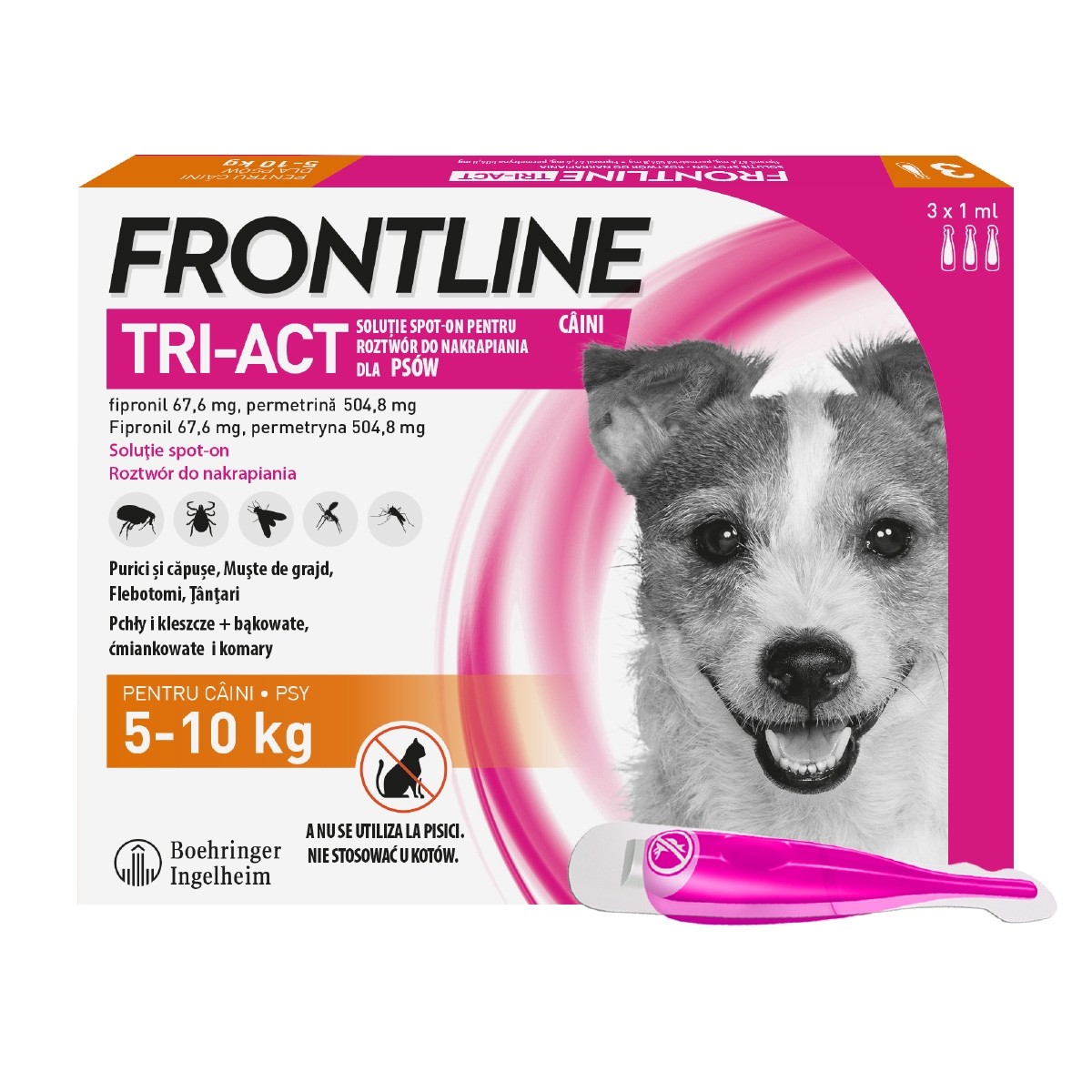 Preparaty lecznicze - Frontline Tri - Act krople na pchły, kleszcze, owady latające 5-10kg - 3pipety