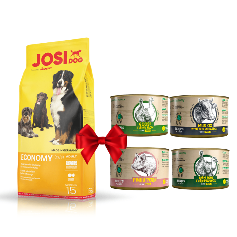 Karmy suche dla psa - Josera Josidog Economy 15kg + Benji's Planet Zestaw Degustacyjny 410g x 4