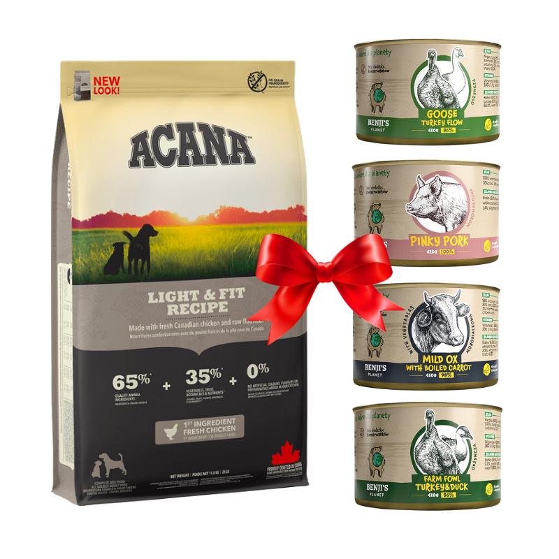 Karmy suche dla psa - Acana Dog Adult Light and Fit 6kg + Benji's Planet Zestaw Degustacyjny 410g x 4