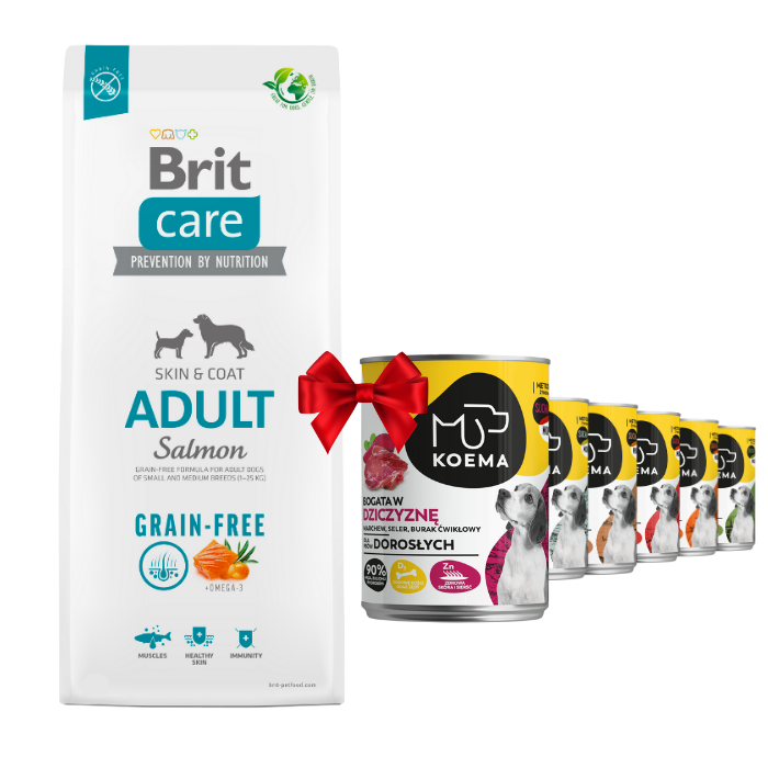 Karmy suche dla psa - Brit Care Grain-free Adult Salmon 3kg + Koema mix 3 smaków 400g x 6
