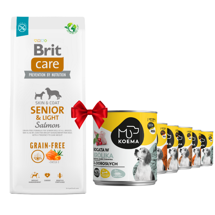 Karmy suche dla psa - Brit Care Grain-free Senior & Light Salmon 12kg + Koema mix 3 smaków 800g x 6
