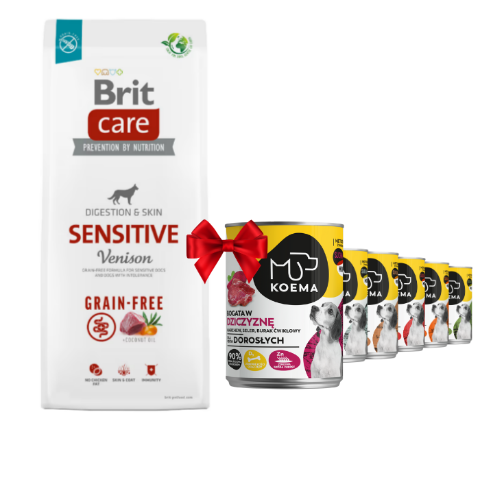 Karmy suche dla psa - Brit Care Grain-free Sensitive Venison 12kg + Koema mix 6 smaków 400g x 6