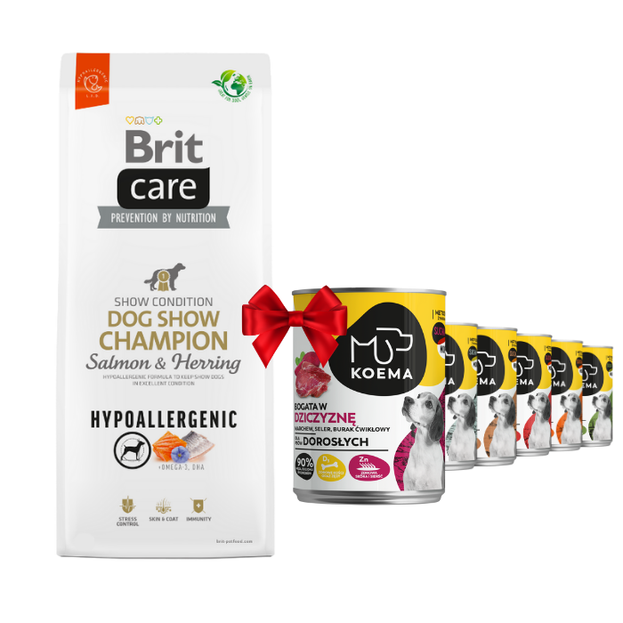 Karmy suche dla psa - Brit Care Hypoallergenic Show Champion Salmon & Herring 12kg + Koema mix 6 smaków 400g x 6