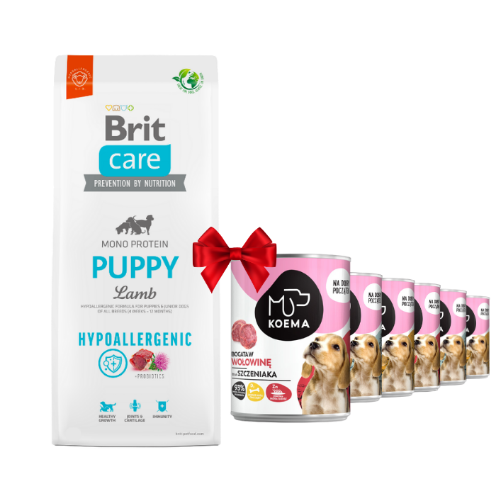 Karmy suche dla psa - Brit Care Hypoallergenic Puppy Lamb 12kg + Koema Junior mix 3 smaków 400g x 6