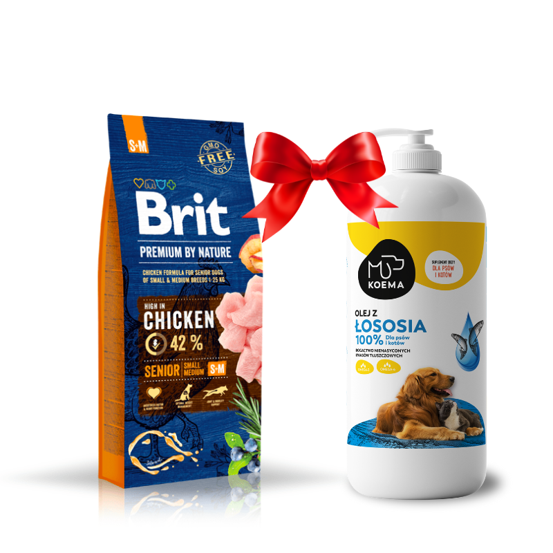 Karmy suche dla psa - Brit Premium By Nature Senior Small/Medium S+M 15kg + Koema Olej z łososia 1l