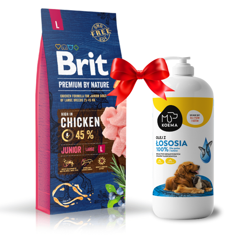 Karmy suche dla psa - Brit Premium By Nature Junior Large L 15kg + Koema Olej z łososia 1l