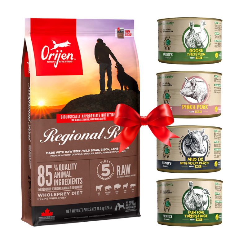 Karmy suche dla psa - Orijen Regional Red Dog 6kg + Benji's Planet Zestaw Degustacyjny 410g x 4