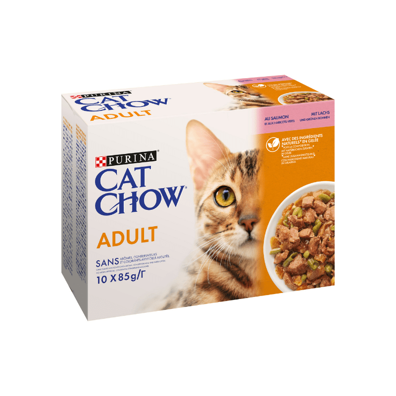 Karmy mokre dla kota - Cat Chow Adult łosoś z zieloną fasolą 85g x 10 (multipak)