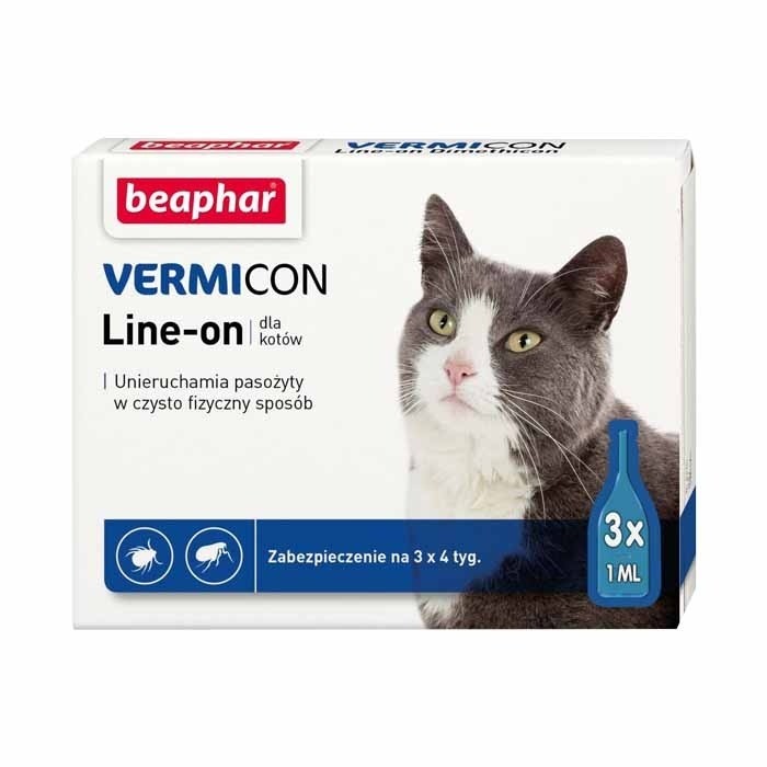 Preparaty lecznicze - Beaphar Vermicon Line On krople na pchły i kleszcze dla kota 3 x 1ml