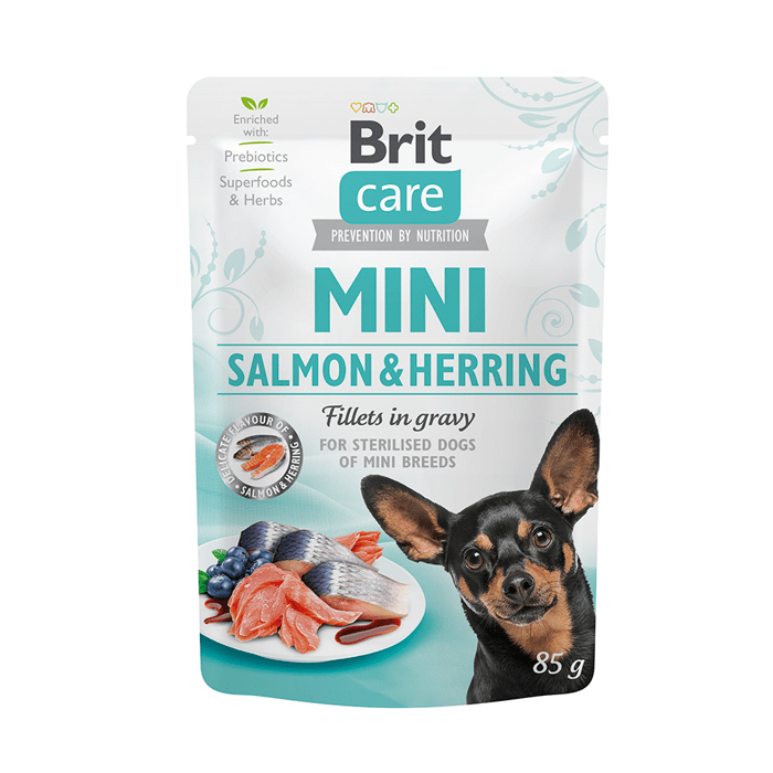 Karmy mokre dla psa - Brit Care Mini Pouch Sterilised z łososiem i śledziem w sosie 85g
