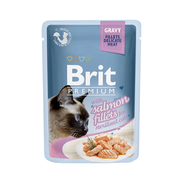 Karmy mokre dla kota - Brit Premium Cat Adult Pouch Sterilised Fileciki w sosie z łososiem 85g