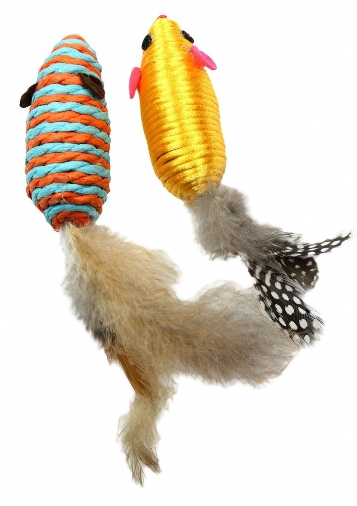 Zabawki - Pet Nova Dwie sizalowe myszki z piórkami 7x3cm