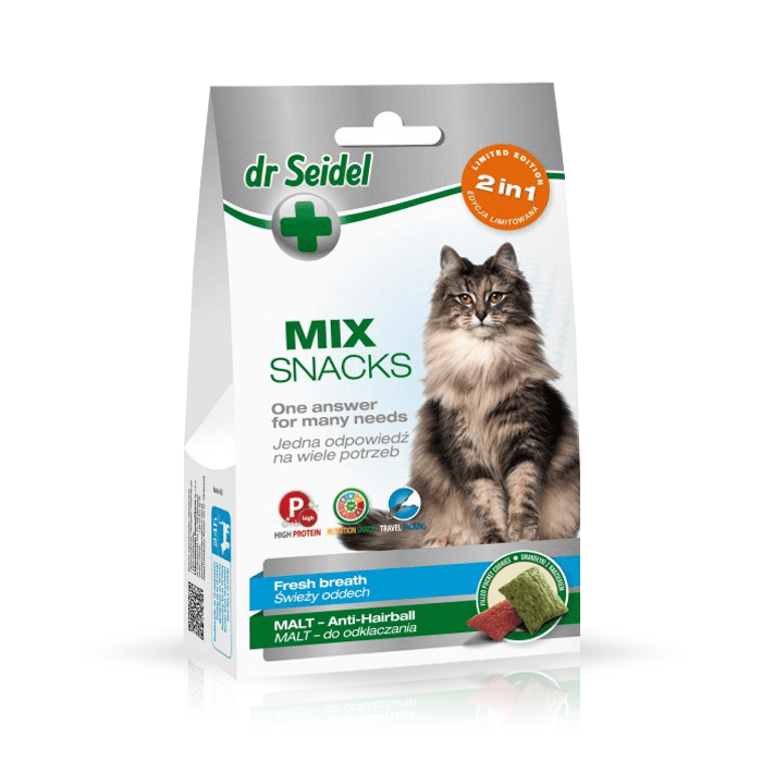 Przysmaki dla kota - Dr Seidel Smakołyki dla kotów 2w1 świeży oddech i odkłaczanie 50g