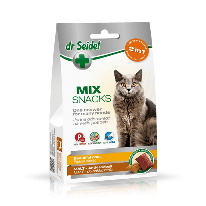 Przysmaki dla kota - Dr Seidel Smakołyki dla kotów 2w1 piękna sierść i odkłaczanie 50g