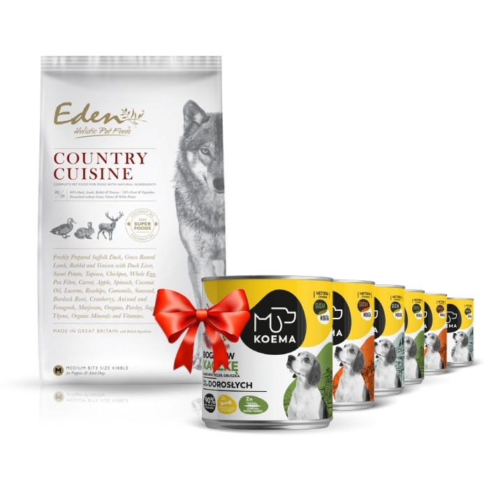 Karmy suche dla psa - Eden Country Cuisine Medium & Large 12kg + Koema mix 3 smaków (królik, indyk, kaczka) 800g x 6