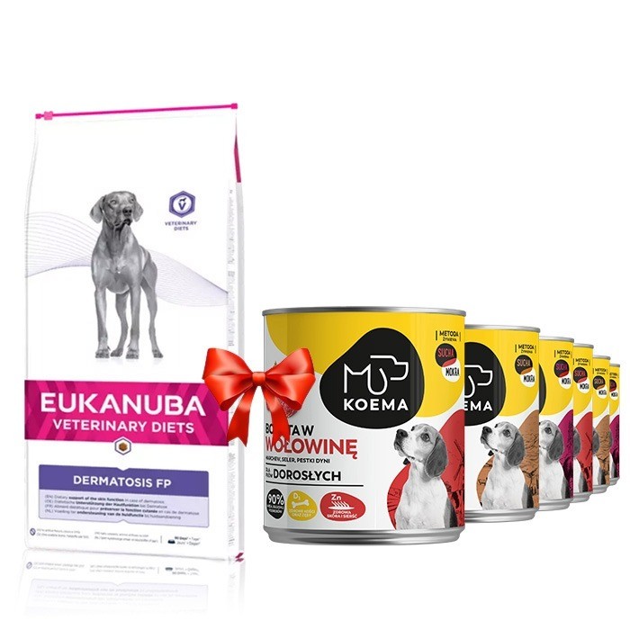 Karmy suche dla psa - Eukanuba Veterinary Diets Dermatosis FP 12kg + Koema mix 3 smaków 800g x 6