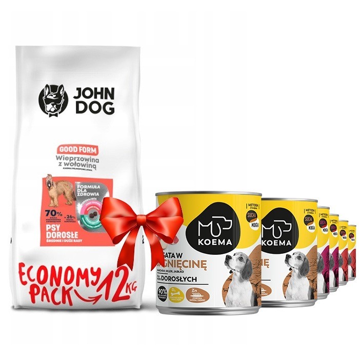 Karmy suche dla psa - John Dog Good Form średnie i duże rasy Wieprzowina z wołowiną 12kg + Koema mix 3 smaków 800g x 6