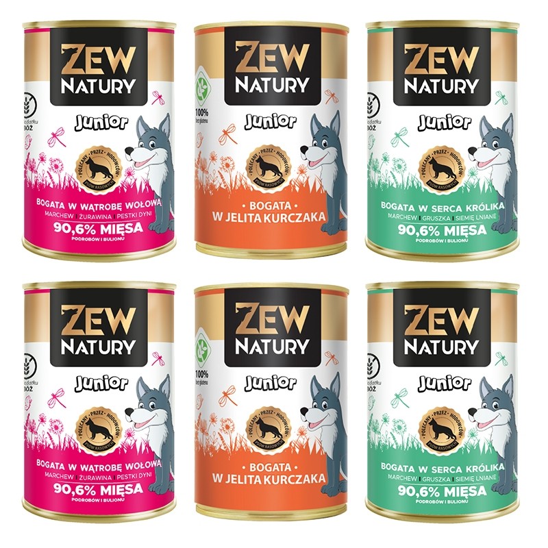 Karmy mokre dla psa - Zew Natury Junior 94% mięsa mix 3 smaków 400g x 6