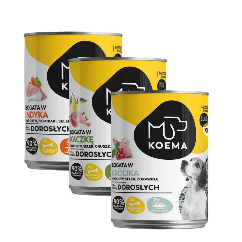 Karmy mokre dla psa - Koema 90% mięsa mix 3 smaków 400g x 6 (królik, indyk, kaczka) WYPRZEDAŻ