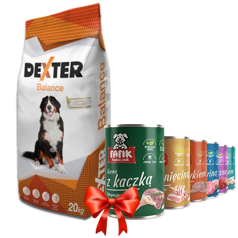 Karmy suche dla psa - Dexter Balance Large Breed z witaminami 20kg + Fafik karma mokra mix smaków 6x400g