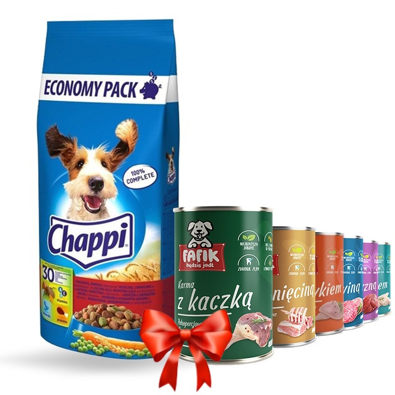 Karmy suche dla psa - Chappi Wołowina z drobiem i warzywami 13,5kg + Fafik karma mokra mix smaków 6x400g
