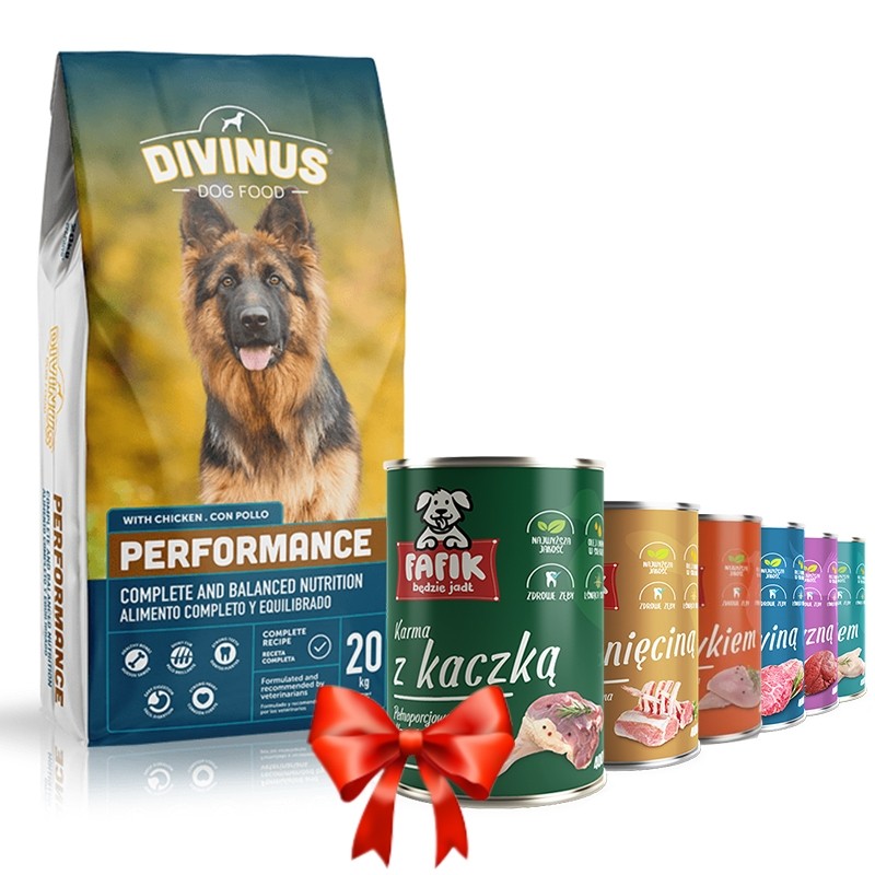 Karmy suche dla psa - Divinus Performance 20kg + Fafik karma mokra mix smaków 6x400g