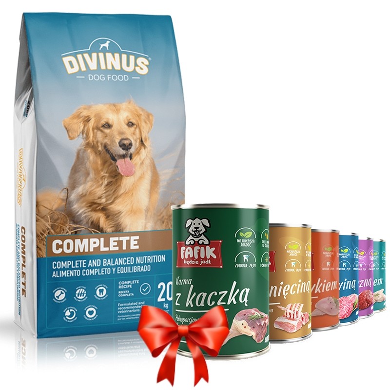 Karmy suche dla psa - Divinus Complete 20kg + Fafik karma mokra mix smaków 6x400g
