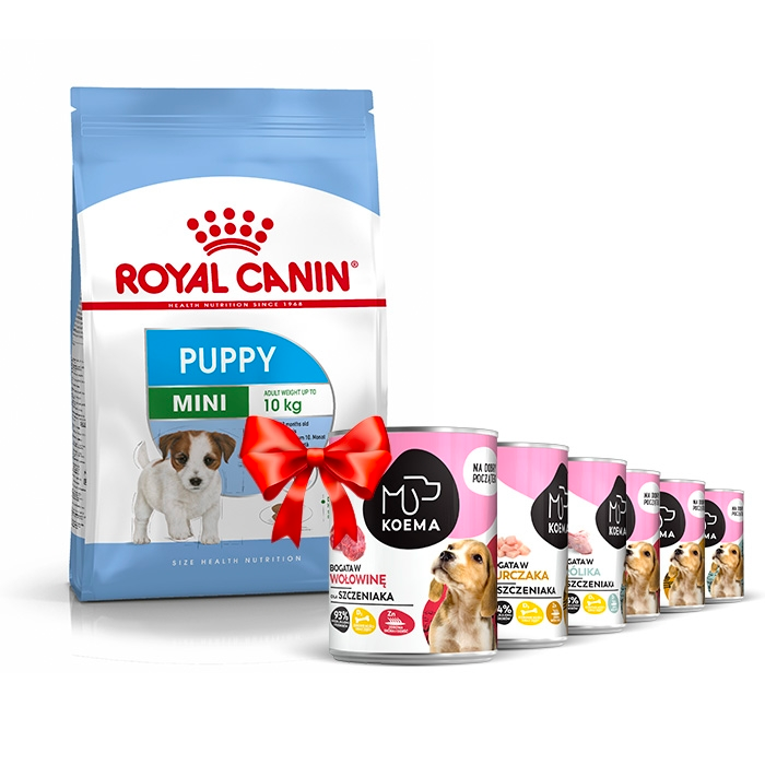 Karmy suche dla psa - Royal Canin Mini Puppy 8kg + Koema Junior mix 3 smaków 400g x 6