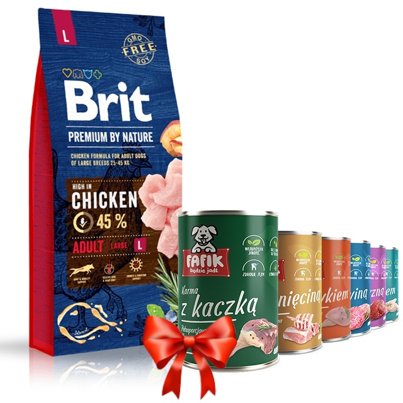 Karmy suche dla psa - Brit Premium By Nature Adult Large L 15kg + Fafik karma mokra mix smaków 6x400g