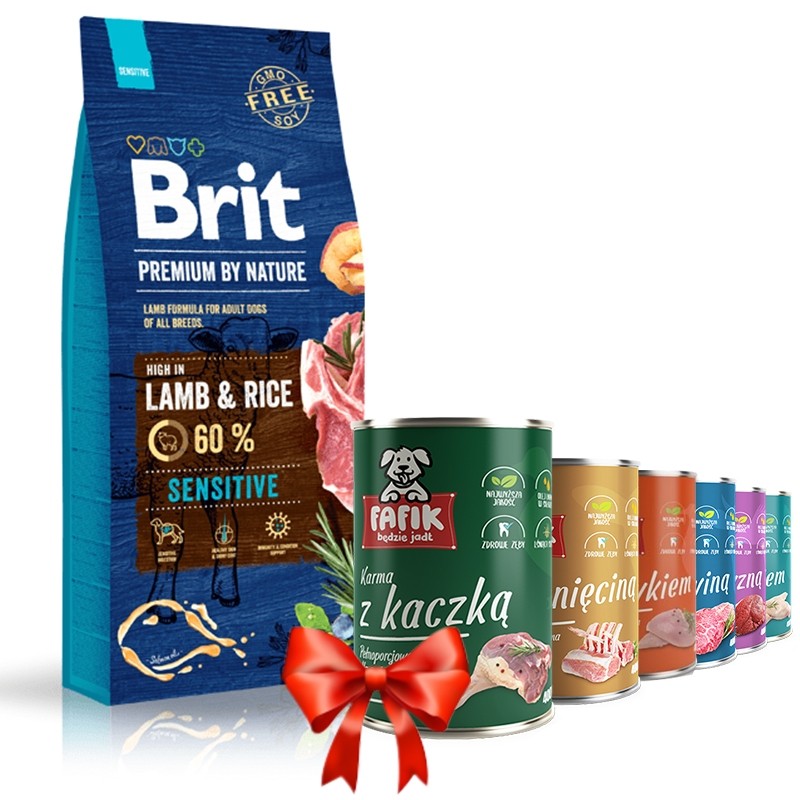 Karmy suche dla psa - Brit Premium By Nature Sensitive Lamb 15kg + Fafik karma mokra mix smaków 6x400g