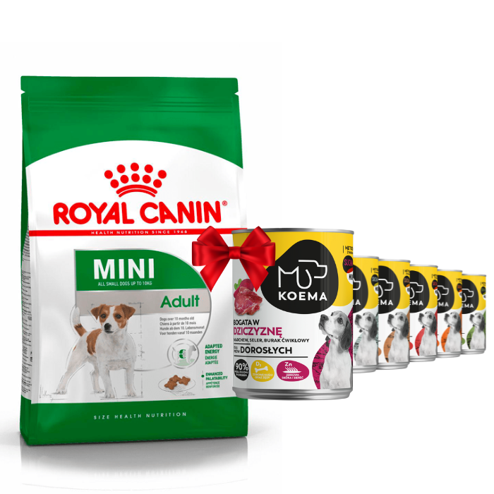 Karmy suche dla psa - Royal Canin Mini Adult 8kg + Koema 90% mięsa mix 6 smaków 400g x 6