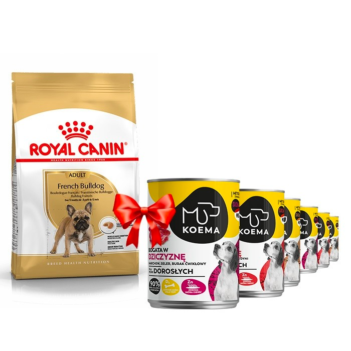 Karmy suche dla psa - Royal Canin Adult French Bulldog 9kg + Koema 90% mięsa mix 6 smaków 400g x 6