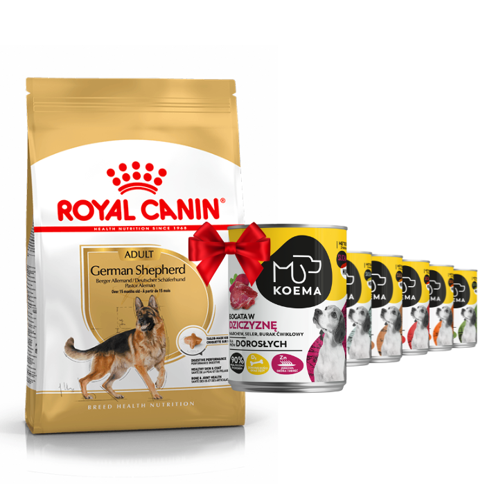 Karmy suche dla psa - Royal Canin Adult German Shepherd 11kg + Koema 90% mięsa mix 6 smaków 400g x 6