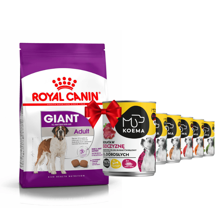 Karmy suche dla psa - Royal Canin Giant Adult 15kg + Koema 90% mięsa mix 6 smaków 400g x 6