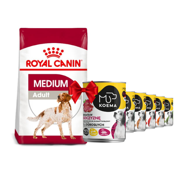 Karmy suche dla psa - Royal Canin Medium Adult 15kg + Koema 90% mięsa mix 6 smaków 400g x 6