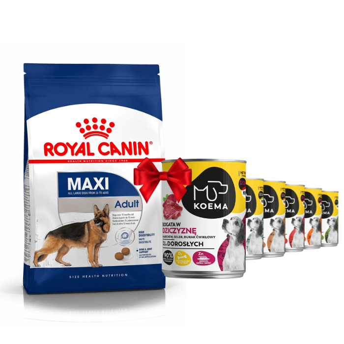 Karmy suche dla psa - Royal Canin Maxi Adult 15kg + Koema 90% mięsa mix 6 smaków 400g x 6