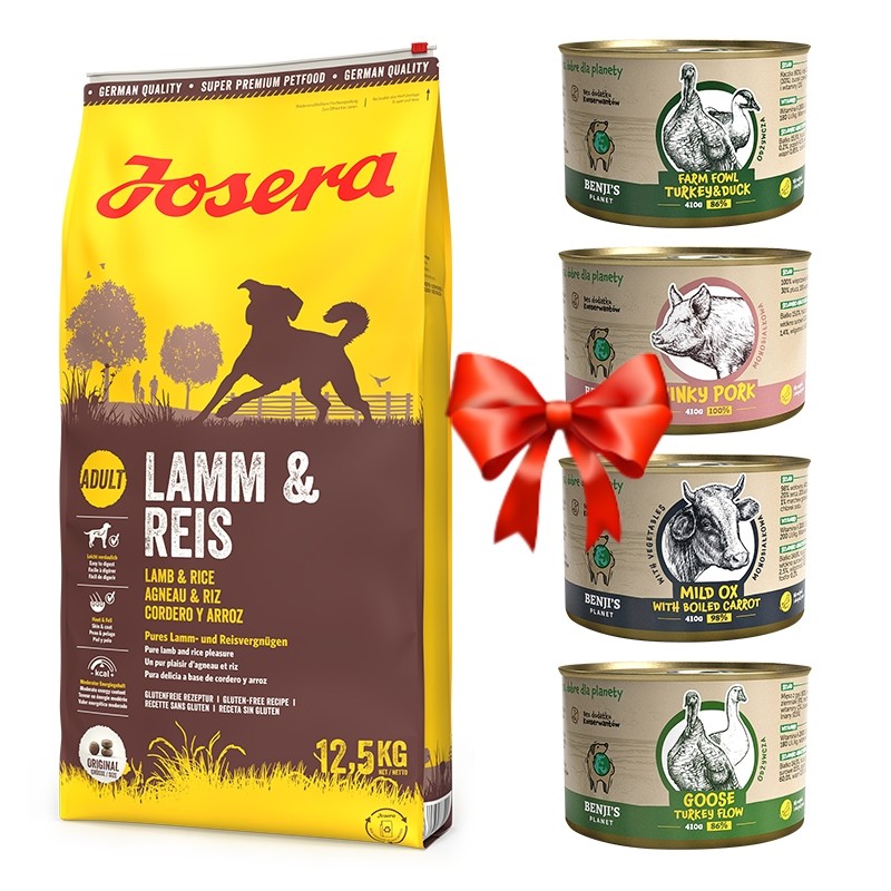 Karmy suche dla psa - Josera Lamb & Rice Adult 12,5kg + Benji's Planet Zestaw Degustacyjny 410g x 4