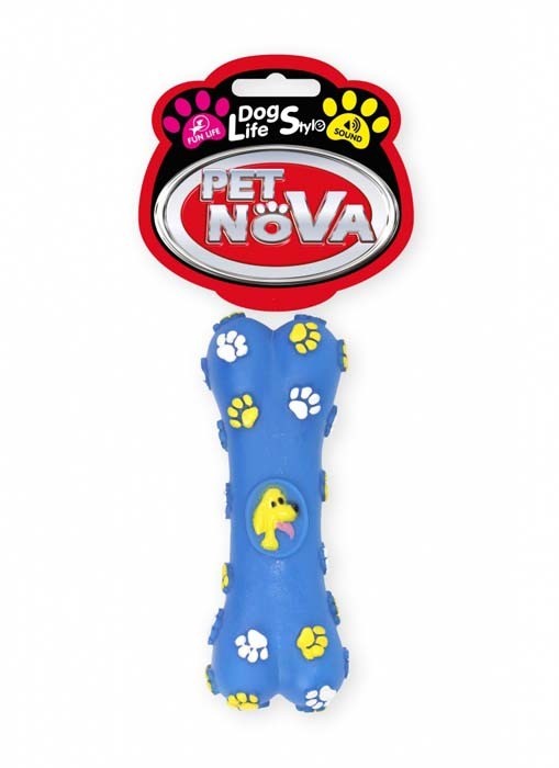 Zabawki - Pet Nova Kość gumowa Bone z dźwiękiem niebieska w żółte łapki 15cm