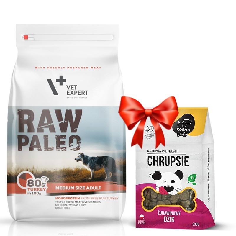 Karmy suche dla psa - VetExpert Raw Paleo Adult Medium Turkey 10kg + Koema Chrupsie Żurawinowy dzik 230g