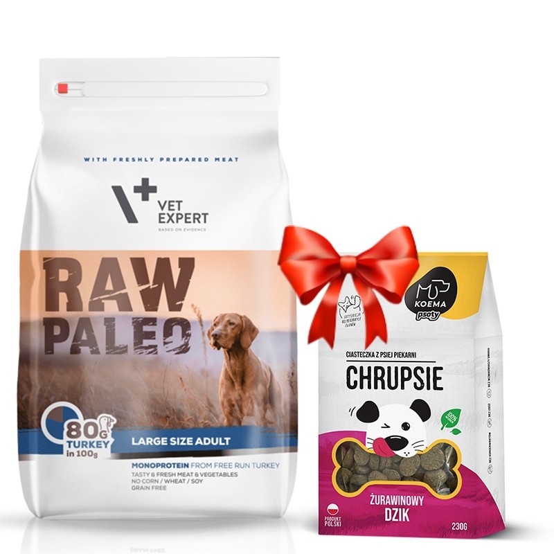 Karmy suche dla psa - VetExpert Raw Paleo Adult Large Turkey 12kg + Koema Chrupsie Żurawinowy dzik 230g