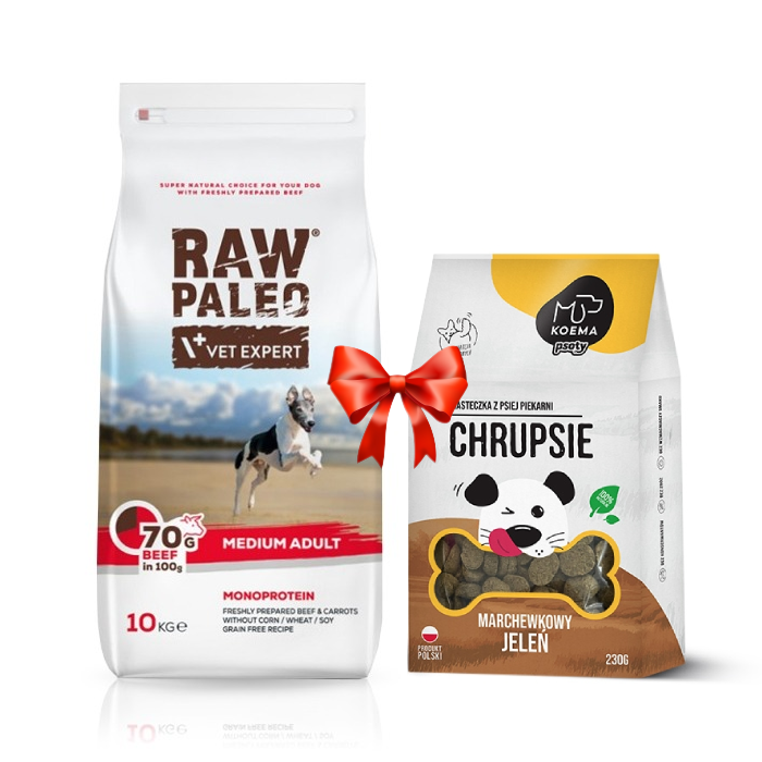 Karmy suche dla psa - VetExpert Raw Paleo Adult Medium Beef 10kg + Koema Chrupsie Marchewkowy jeleń 230g
