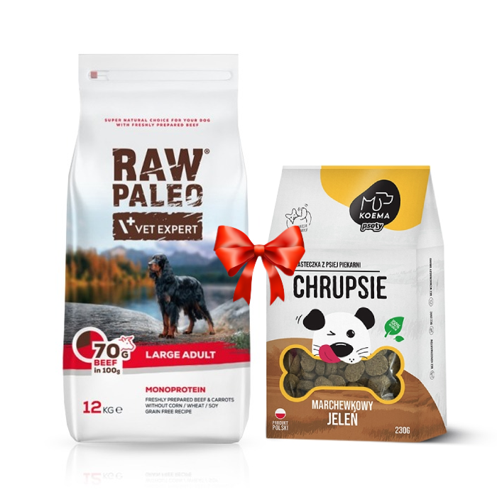 Karmy suche dla psa - VetExpert Raw Paleo Adult Large Beef 12kg + Koema Chrupsie Marchewkowy jeleń 230g