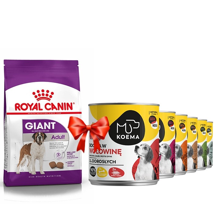 Karmy suche dla psa - Royal Canin Giant Adult 15kg + Koema 90% mięsa mix 6 smaków 800g x 6
